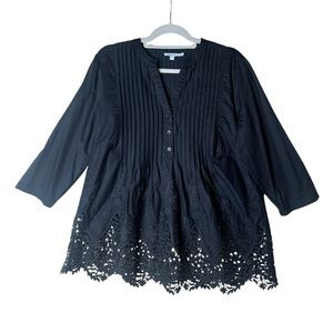 Chico's Women’s 3/4 Sleeve Pintuck Embroidered Blouse Size US 12 BLACK Top